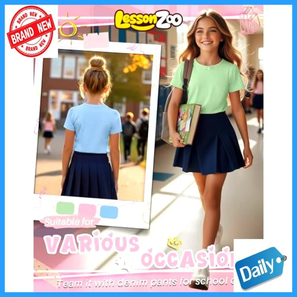 Girls 3 Pack Short Sleeve Tees with Bow Crewneck Soft Stretch Tops
